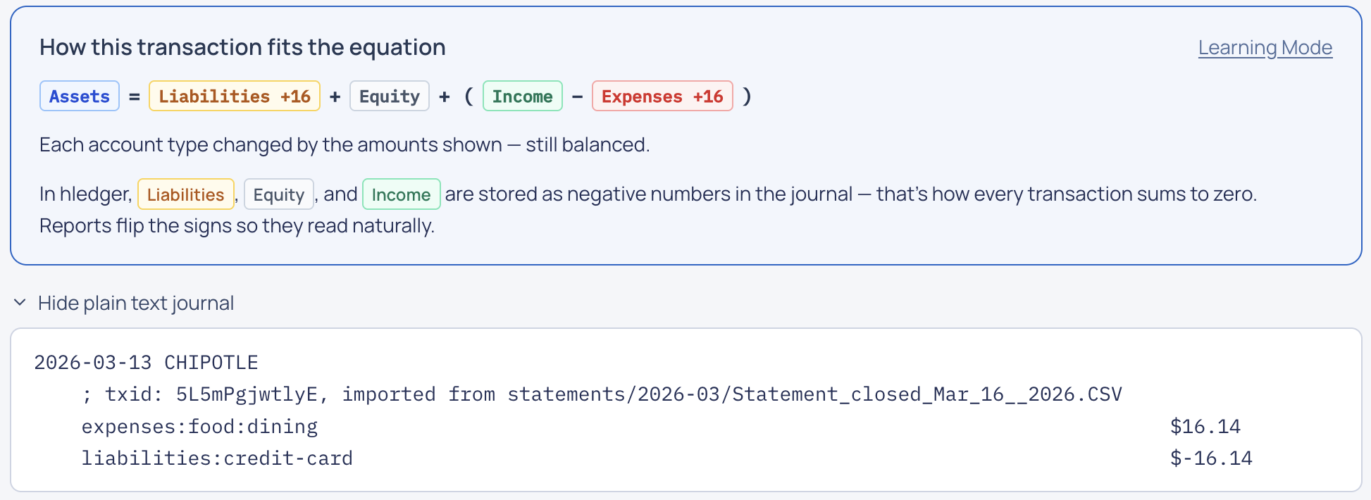 learning mode showing how a transaction fits the accounting equation